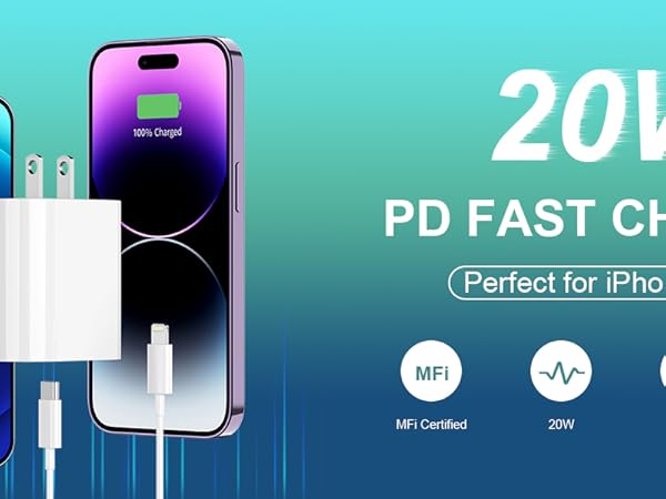 20W USB C iPhone charger fast charging block for iPhone 14 13 12 11 pro max 10ft lighting cable