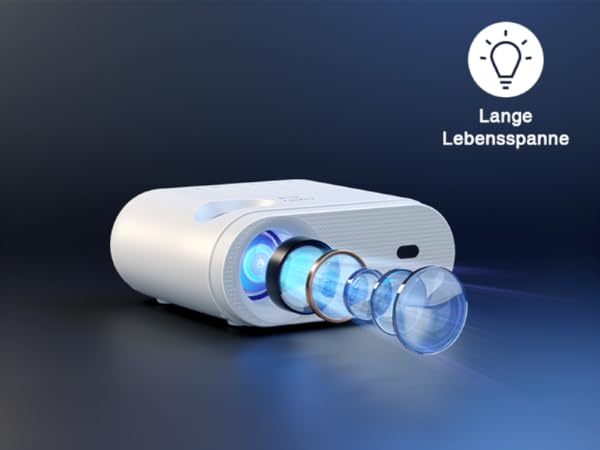 White rectangular device projecting blue light, showing internal lens structure. Text 'Lange Lebenspanne' with lightbulb icon above.