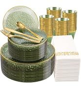 DaYammi 350PCS Sage Green Plastic Dinnerware Set, Plastic Plates Disposable Hammered Disposable P...