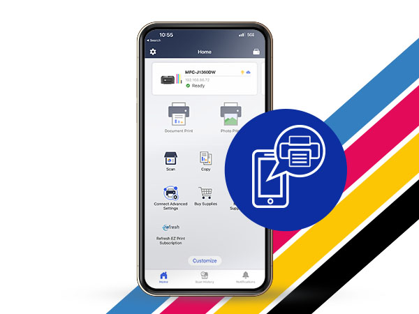 Brother Mobile Connect with MFCJ1360DW wireless, ink levels, print/scan, buy ink, support, settings