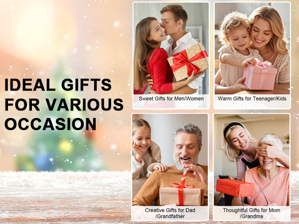 Text reads 'IDEAL GIFTS' and 'FOR VARIOUS OCCASION'. Collage of gift-giving scenes showing wrapped presents being exchanged between people in various settings.