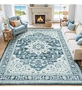 Vibrug 8x10 Coastal Blue White Large Area Rugs for Living Room - Boho Medallion Aesthetic Distres...