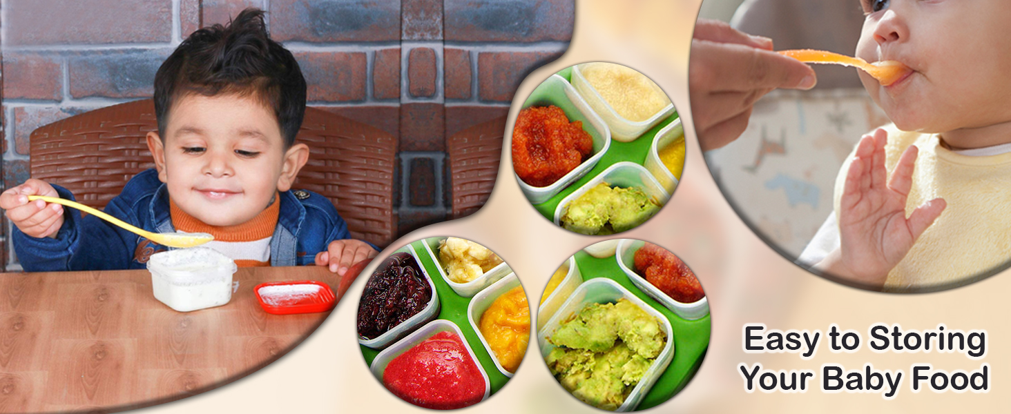 Colorful sectioned plate with baby food. Text 'Easy to Storing Your Baby Food' visible. Child eating from a bowl in background.