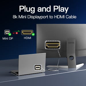Mini DisplayPort to HDMI cable adapter advertisement showing laptop connection diagram with plug-and-play functionality.