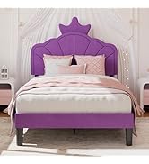 VECELO Twin Size Bed Frame with Crown Headboard, Upholstered Platform Bedframe with Strong Wood S...