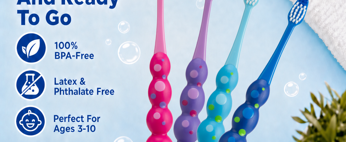 4 colorful kids&amp;#39; toothbrushes; BPA-free, latex and phthalate free, safe for ages 3–10