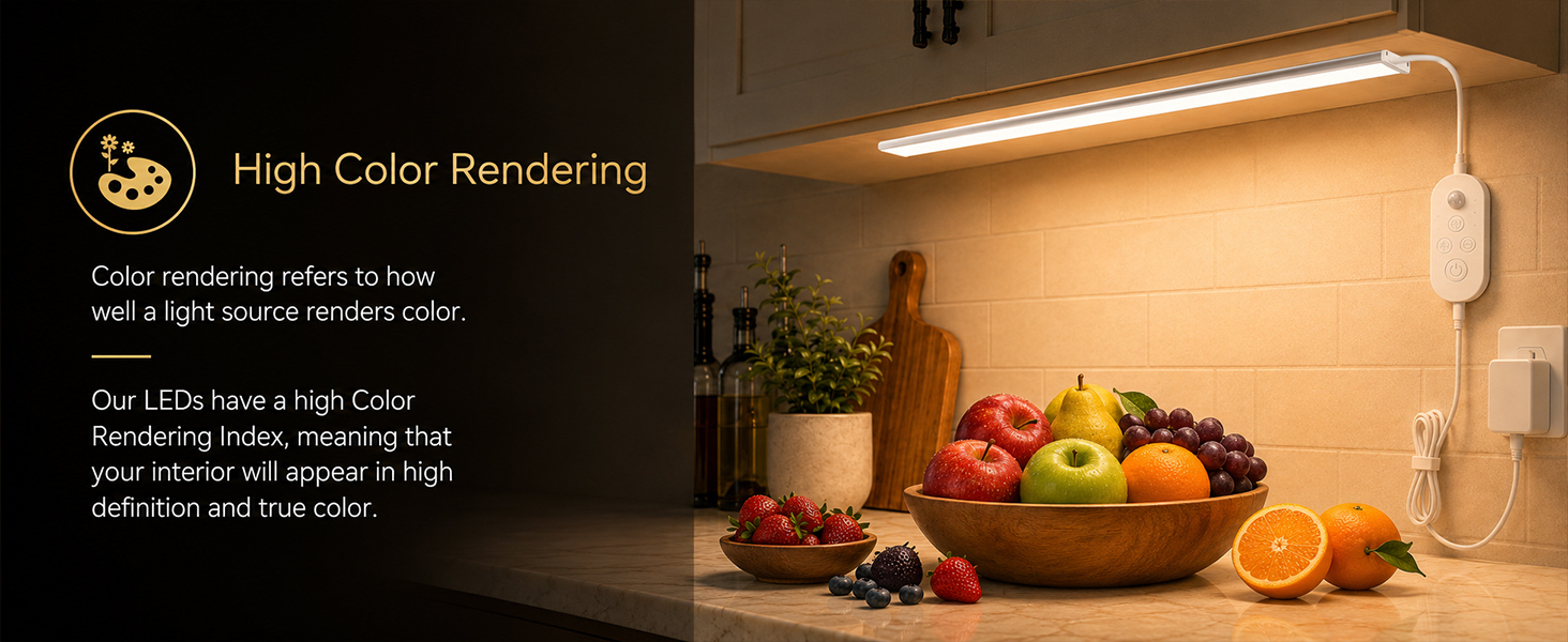 Under cabinet lighting showing vivid fruit colors with high color rendering