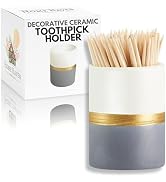 Home Haven Ceramic Toothpick Holder - White, Navy, and Gold Stripe Design - Toothpicks Holder Dis...