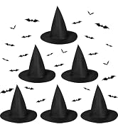 NEBURORA 6 Pcs Halloween Witch Hats with 24 Pcs Bat Stickers &amp; Ropes | Black Wizard Costume Acces...