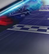 Blurred image of a vehicle dashboard with blue lighting and a checkered flag pattern, suggesting a racing or performance context.