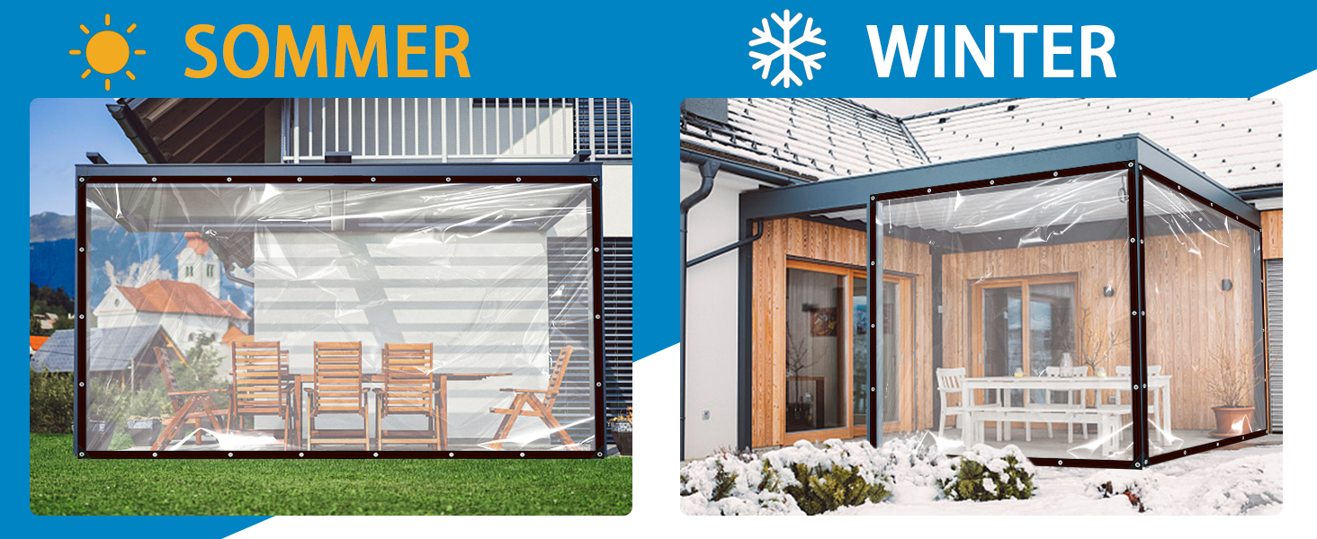 Split image comparing outdoor glass enclosure in summer and winter conditions, showing seasonal adaptability of transparent shelter structure.