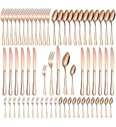 A · HOUSEWARE Rose Gold 60-Piece Silverware Set, Stainless Steel Flatware Cutlery Set for Home an...
