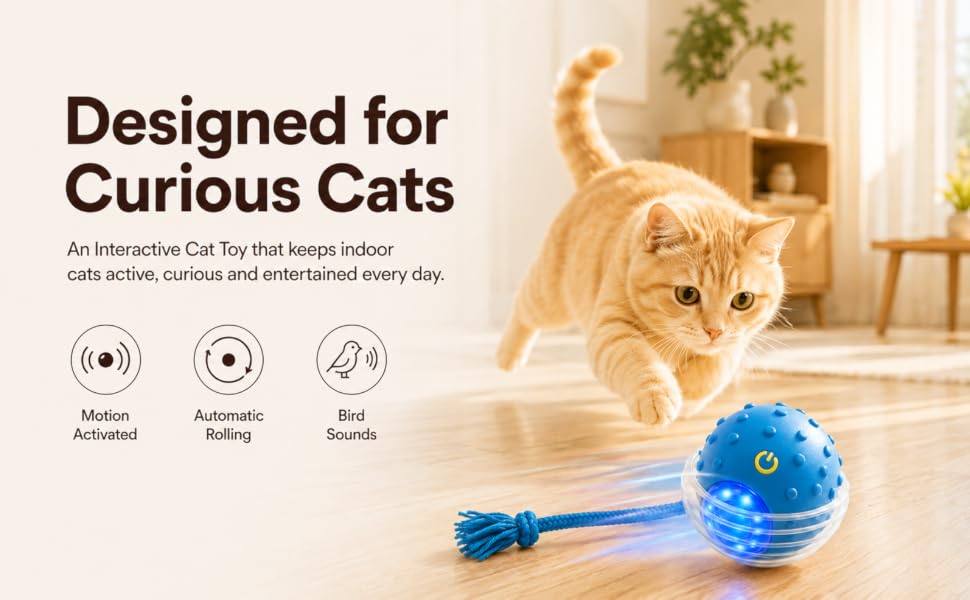 Interactive blue rolling cat toy with LED as a curious cat chases it across a sunlit room.