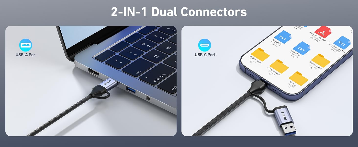 USB-C hub with dual connectors: one side plugged into a laptop, the other side showing multiple colorful ports for various device connections.