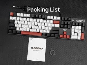 Text reads 'Packing List'. Mechanical keyboard with white and gray keycaps displayed against dark background.