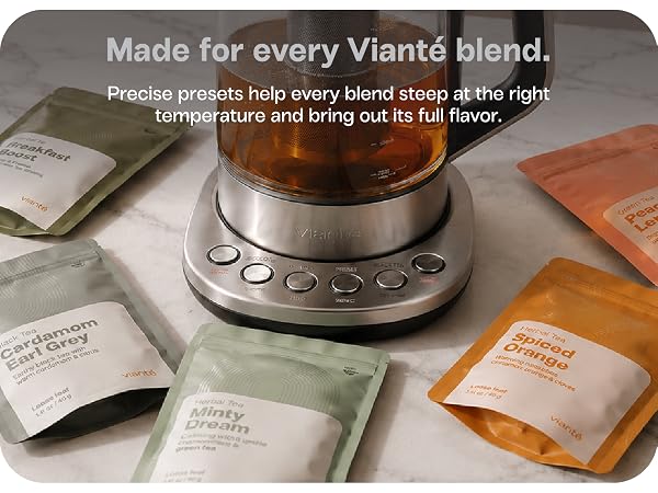 Electric tea maker with tea presets for black, green, white and herbal tea