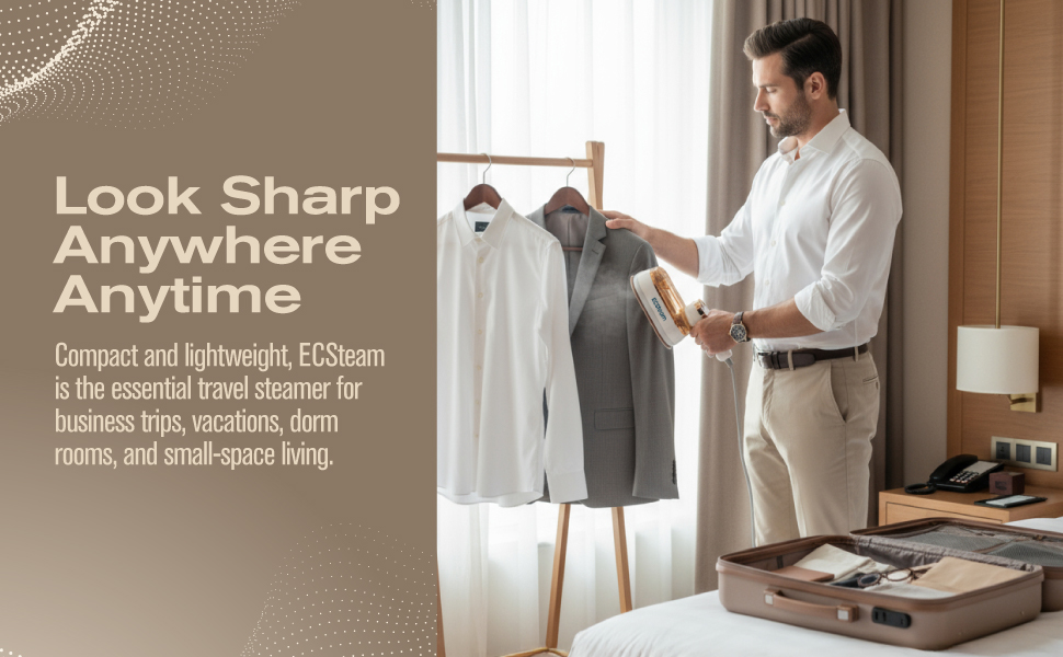 Compact travel garment steamer for clothes, perfect for home, office, and small spaces.