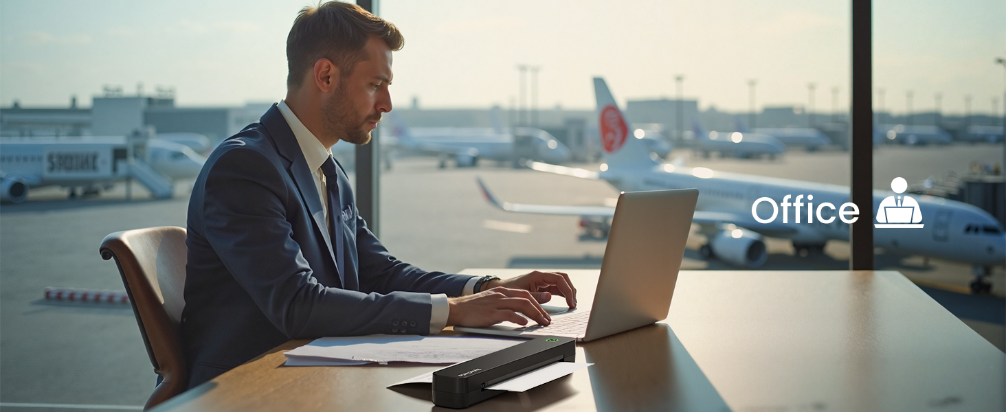 Text reads 'Office'. Professional workspace scene showing someone working at a laptop in a modern office setting with city views.
