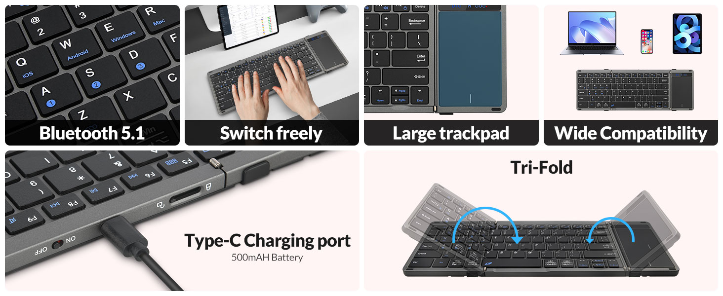Tri-Fold Foldable Bluetooth Keyboard with Touchpad
