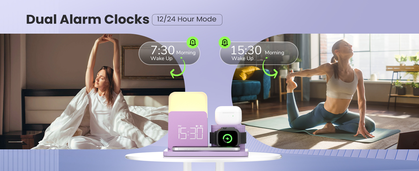 Wireless Charging Station, 7 in 1 Wireless Charger Stand with Alarm Clock