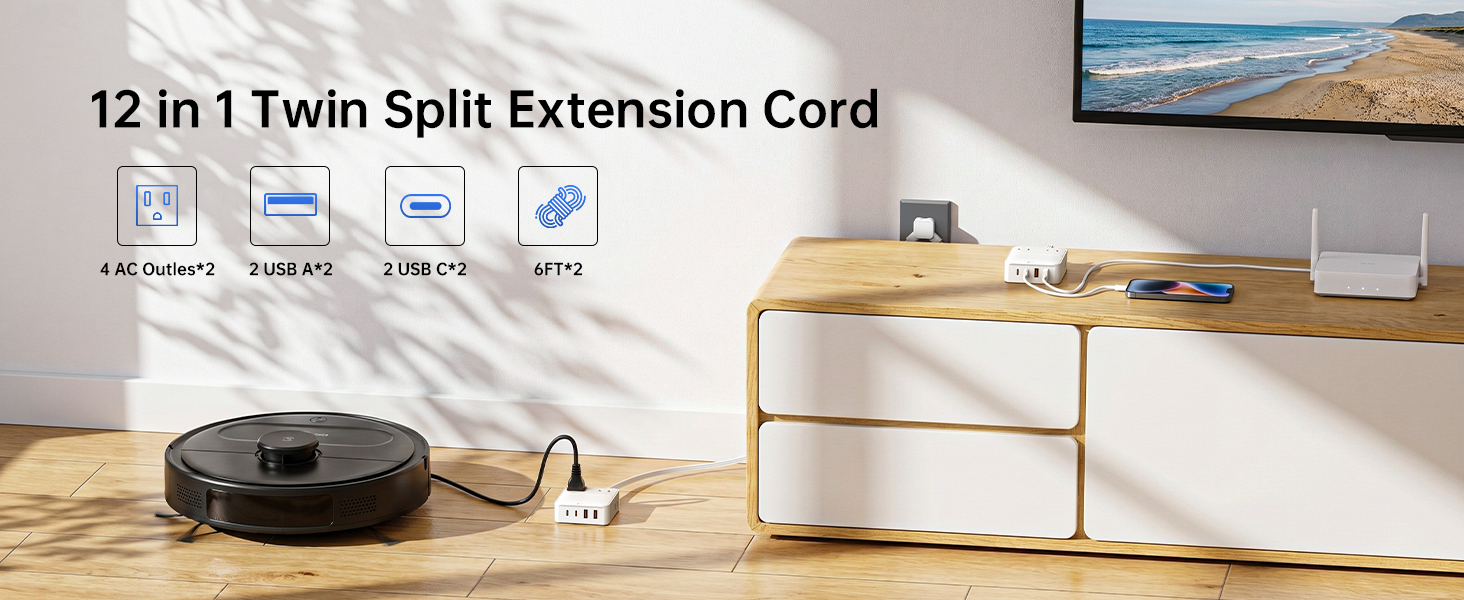 12 in 1 Twin Split Extension Cord