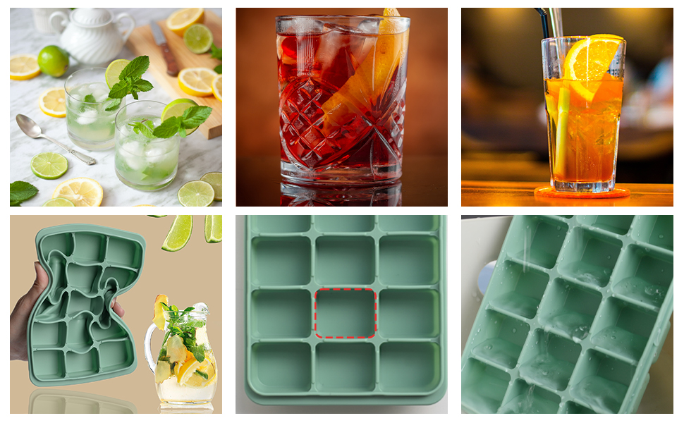 Collage of cocktail images and silicone ice cube trays in various sizes and shapes, showcasing different drink preparations and ice mold options.