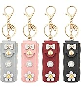 4 Pcs Lipstick Holder Keychain White Flower Bow Pearl PU Leather Chapstick Case Keychain Lip Balm...