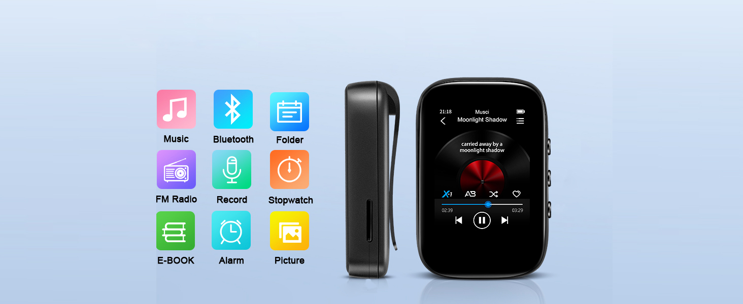 Portable media player with touchscreen display showing music interface. Side view reveals slim profile. App icons for various functions visible.