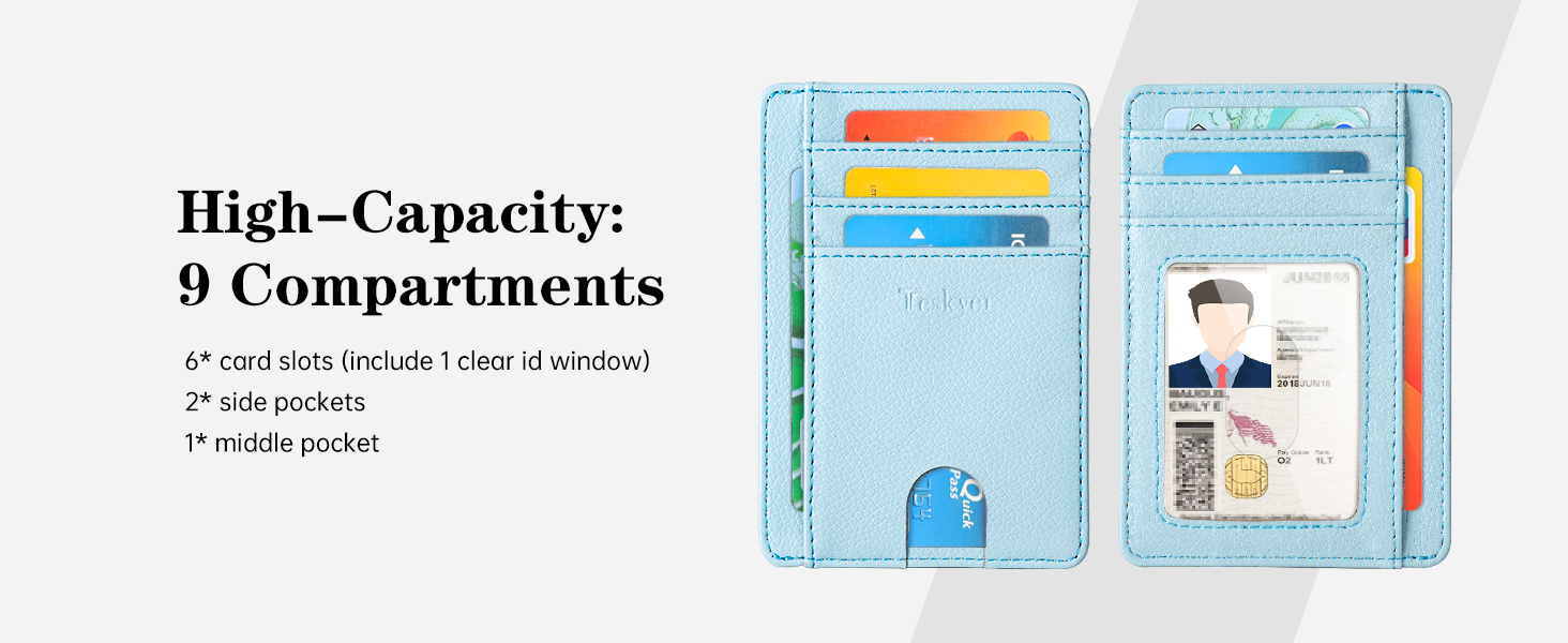 Light blue slim wallet with 9 compartments, featuring multiple card slots and ID window display, shown open to display interior organization.