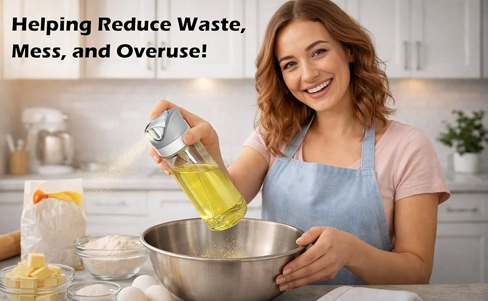 Person in a kitchen using an oil spray bottle over a mixing bowl. Ingredients are on the counter.