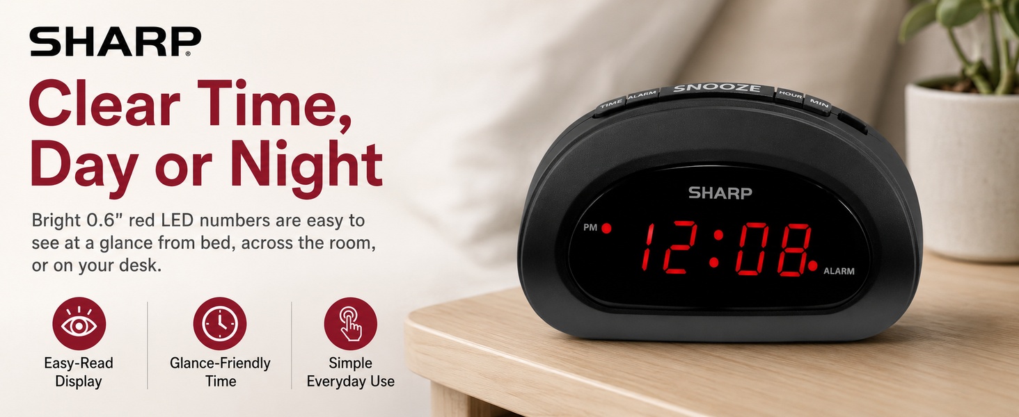 Digital alarm clock with large display, snooze and adjustable brightness for bedroom nightstand