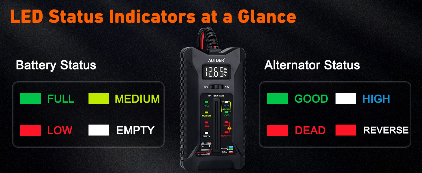 Text reads 'LED Status Indicators at a Glance' with Battery Status indicators (FULL, MEDIUM, LOW, EMPTY) and Alternator Status indicators (GOOD, BAD, REVERSE) displayed on black background with color-coded legend chart.
