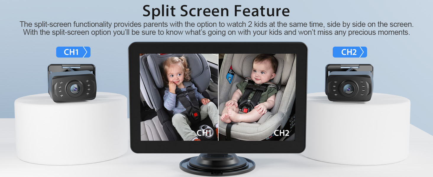 The split-screen functionality provides parents with the option to watch 2 kids at the same time