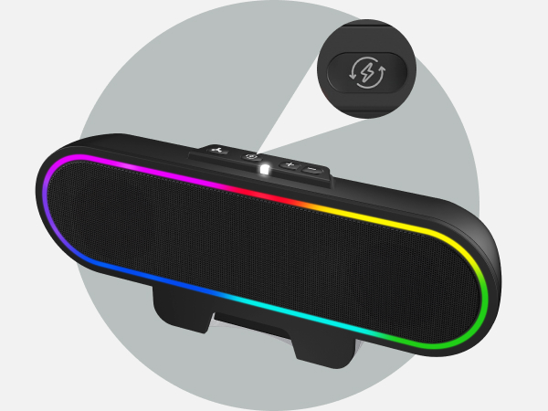 Image of a CA-2890GX speakerbar with a highlight on the power switch USB-C booster button