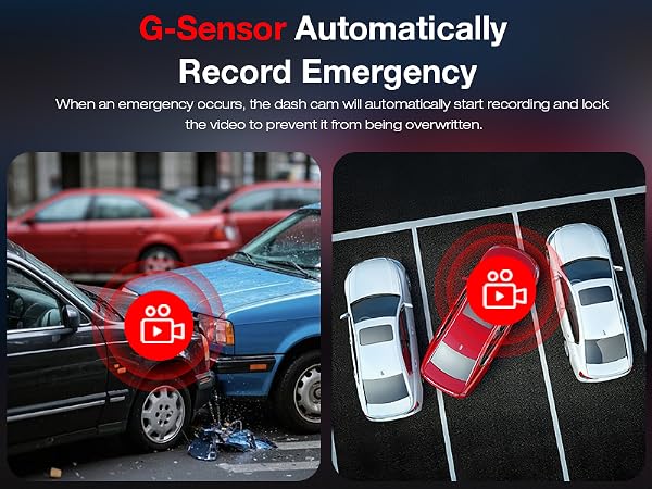 Text reads 'G-Sensor Automatically Record Emergency'. Split image showing car collision on left and parking lot diagram with G-sensor icons on right, demonstrating automatic incident recording feature.
