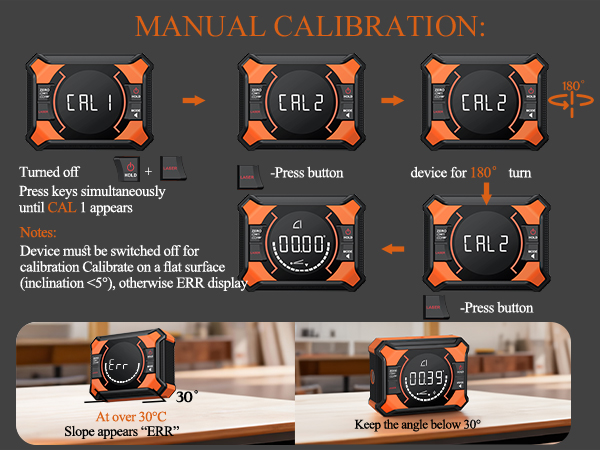 Digital calibration interface showing multiple steps with circular icons containing 'CAL1', 'CAL2', and other calibration indicators, connected by orange directional arrows.