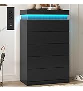 UPOSOJA Tall Black Dresser for Bedroom, Modern 5 Wood Drawers with LED Light and Power Outlet, Fl...
