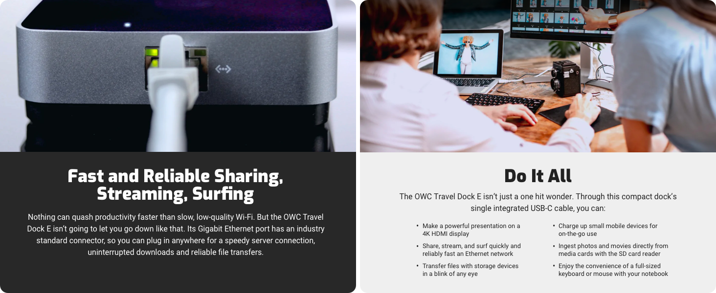 OWC Travel Dock E; Fast and Reliable Sharing, Streaming, Surfing