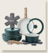 Country Kitchen Cookware Set with Removable Handle, Oven &amp; RV Safe Pots and Pans Set, Sage Wood H...