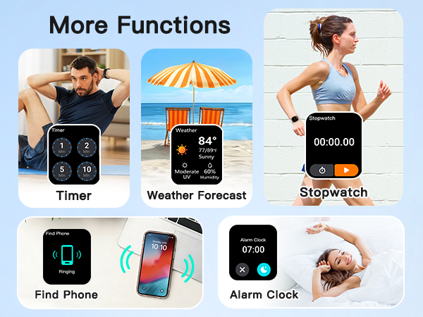 Smartwatch with weather, find phone, timer, stopwatch, alarm. For daily convenience at home or work.