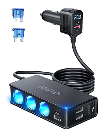 BESTEK Cigarette Lighter Splitter Adapter 9 in 1 Car Charger 148W 3-Socket