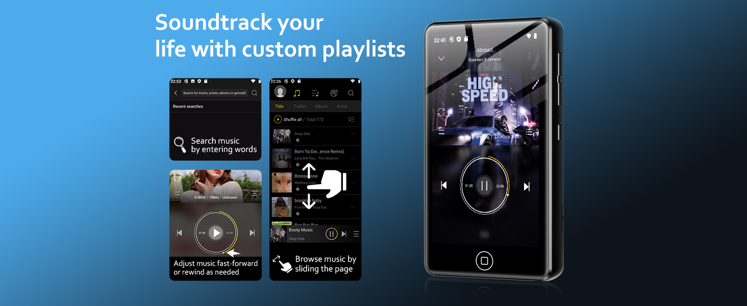 Text reads 'Soundtrack your life with custom playlists'. Dark interface screenshots showing music player controls and playlist features on mobile device screens.