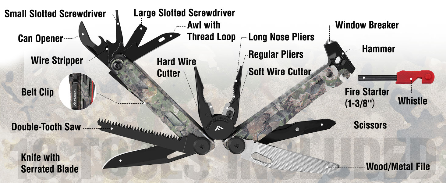 FLISSA Multitool, 18 in 1 Camo Multitool Pliers with Fire Starter, Window Breaker