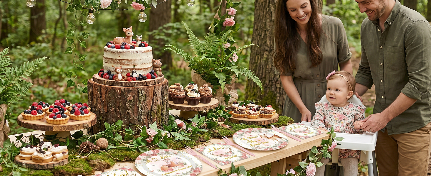 96Pcs Woodland Theme Paper Plates Napkins Forks Disposable Tableware Set