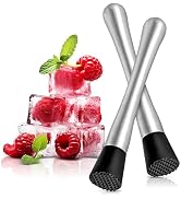 stainless steel cocktail muddlers shown with raspberries mint and ice cubes on clean background