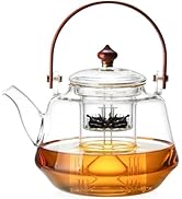 40oz Glass Teapot with Anti-Drip Spout, Peach Wood Handle and Lid, Heat-Resistant Borosilicate Gl...