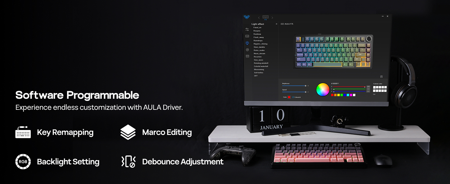 Computer setup displaying programming interface with dark theme. Multiple monitors showing code and development environment.