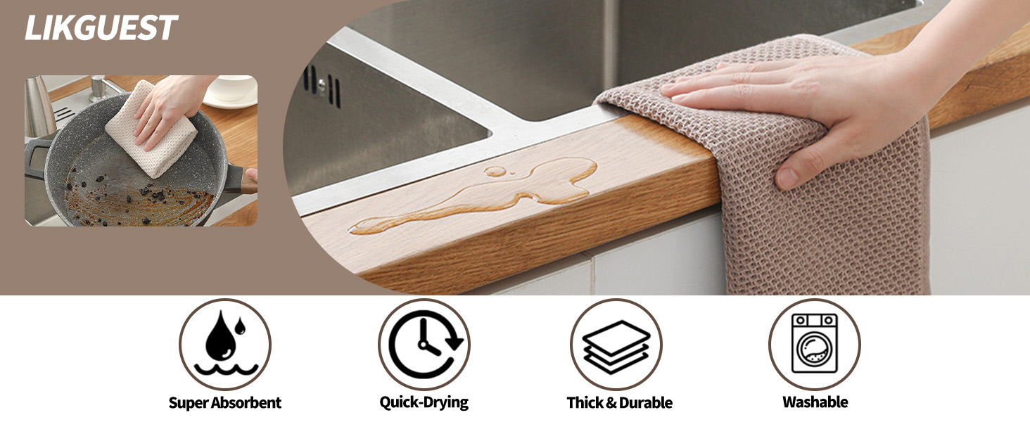 Text reads 'LIKQUEST'. Product demonstration showing wooden surface cleaning or maintenance, with icons indicating product features below.