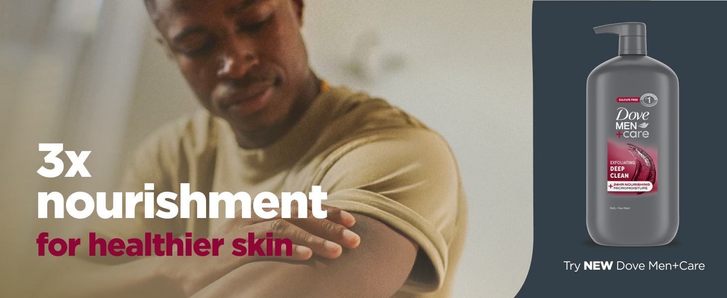 Headline talking about 3x nourishment for healthier skin, next to the product &amp; a man applying it.