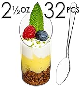 DLux 32 x 2.5 oz Mini Dessert Cups with Spoons, Slanted Round - Clear Plastic Parfait Appetizer C...